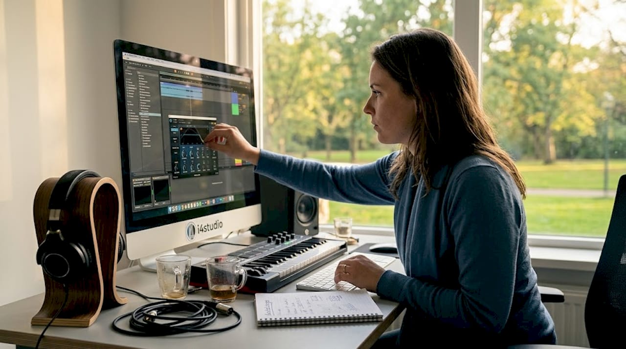 An audio engineer builds his own effect chains with various plugins.