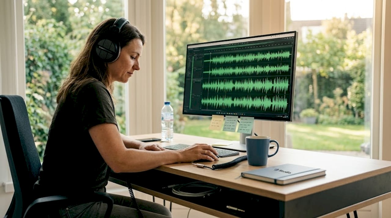 Vrouw weet vervelend gekraak te verhelpen met haar koptelefoon en computer
