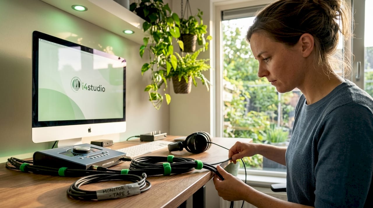 Vrouw ruimt kabels op in haar thuiskantoor