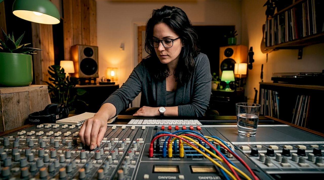 Een vrouw bedient een analoge mengtafel in de studio.