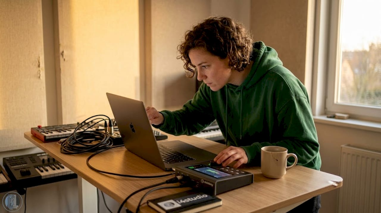 A technician checks the cooling of a laptop in the studio while working.