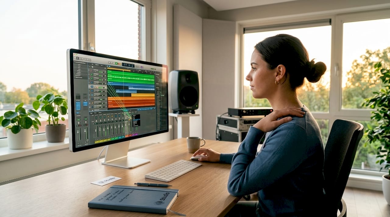 Een vrouw organiseert haar audiosporen in de DAW met behulp van bussen.