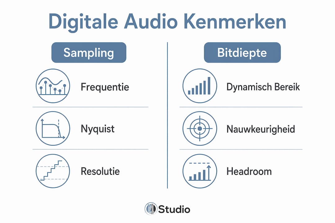 Infographic die het verschil tussen sampling en bitdiepte inzichtelijk maakt