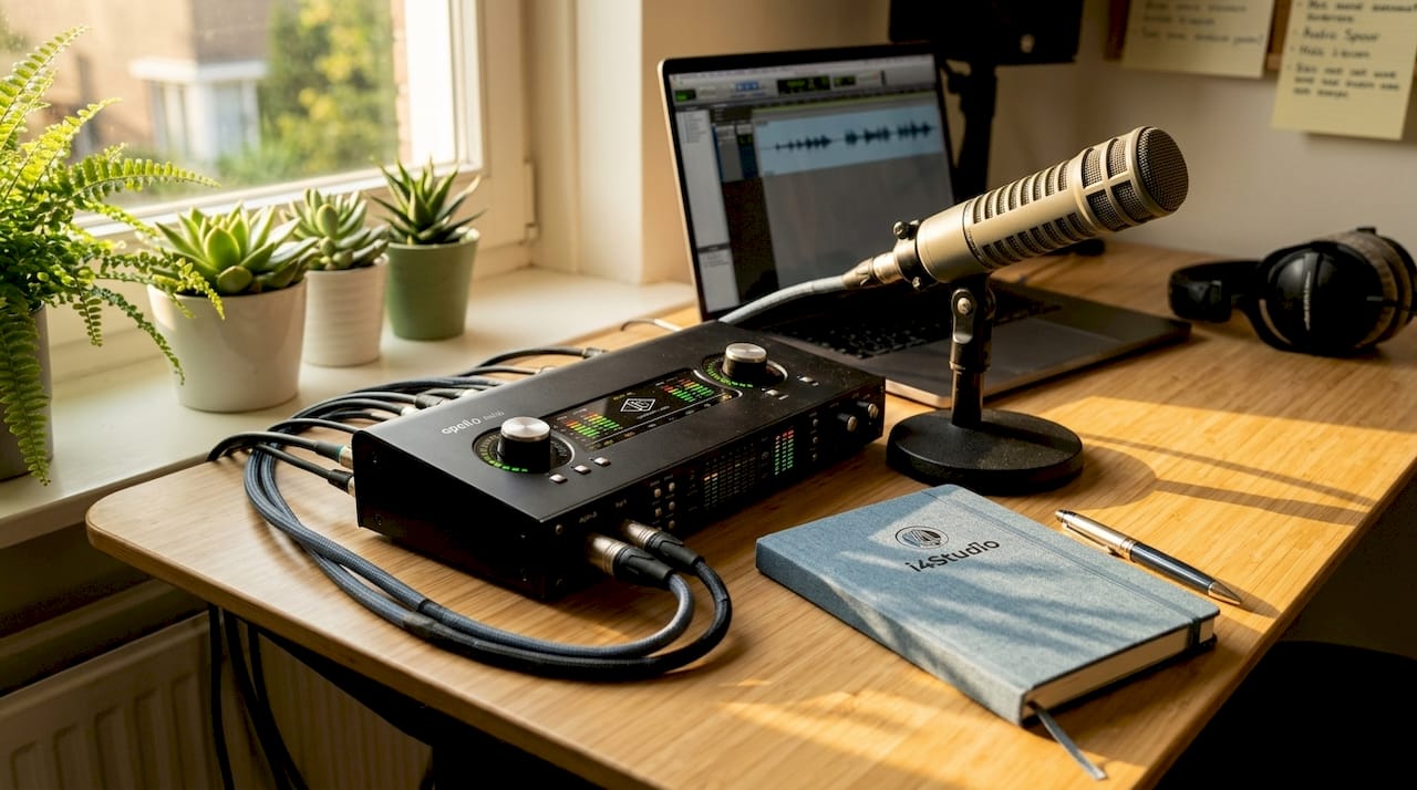 Was ist Latenz bei der Aufnahme und wie kann man sie reduzieren? 1 Detailaufnahme eines Audio-Interfaces, an das ein Mikrofon angeschlossen ist.