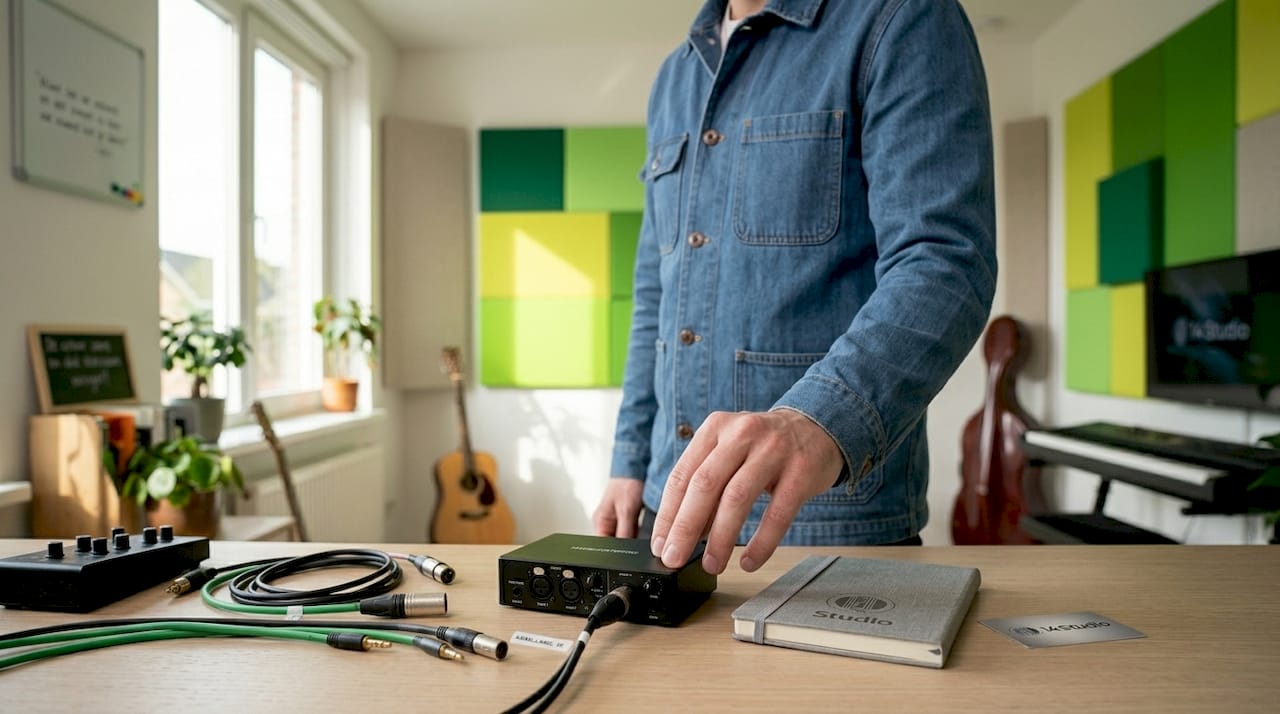 A pair of hands connects cables to an audio converter.