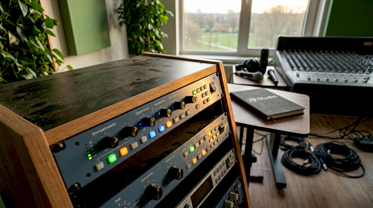 Detail shot of DSP equipment in a studio rack
