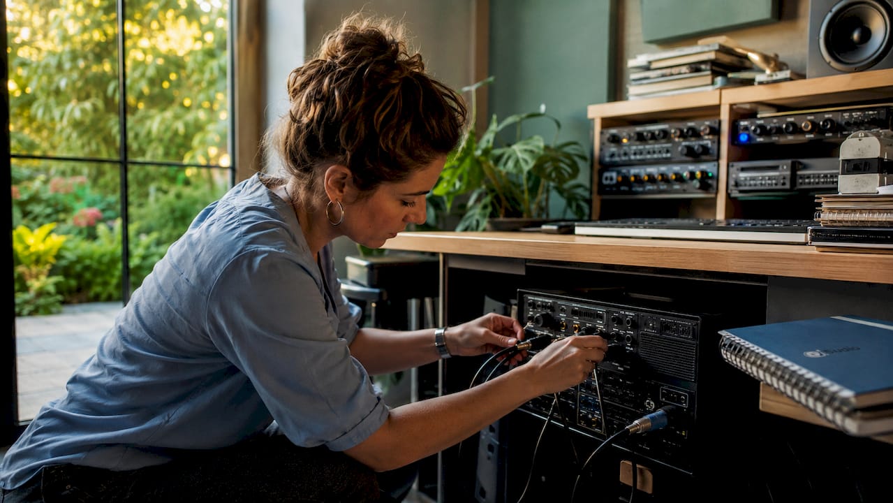A technician connects cables to the studio computer.