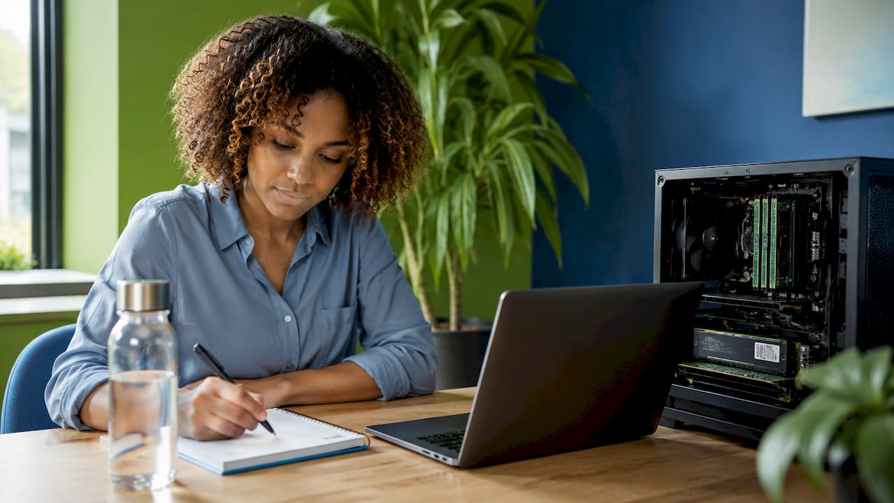 Welke specificaties zijn essentieel voor een AI-computer? 2 Vrouw werkt met AI-systemen en hardware voor geheugen en opslag