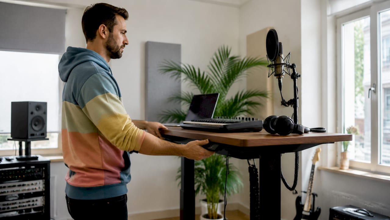 A man adjusts the height of his sit-stand desk in his studio
