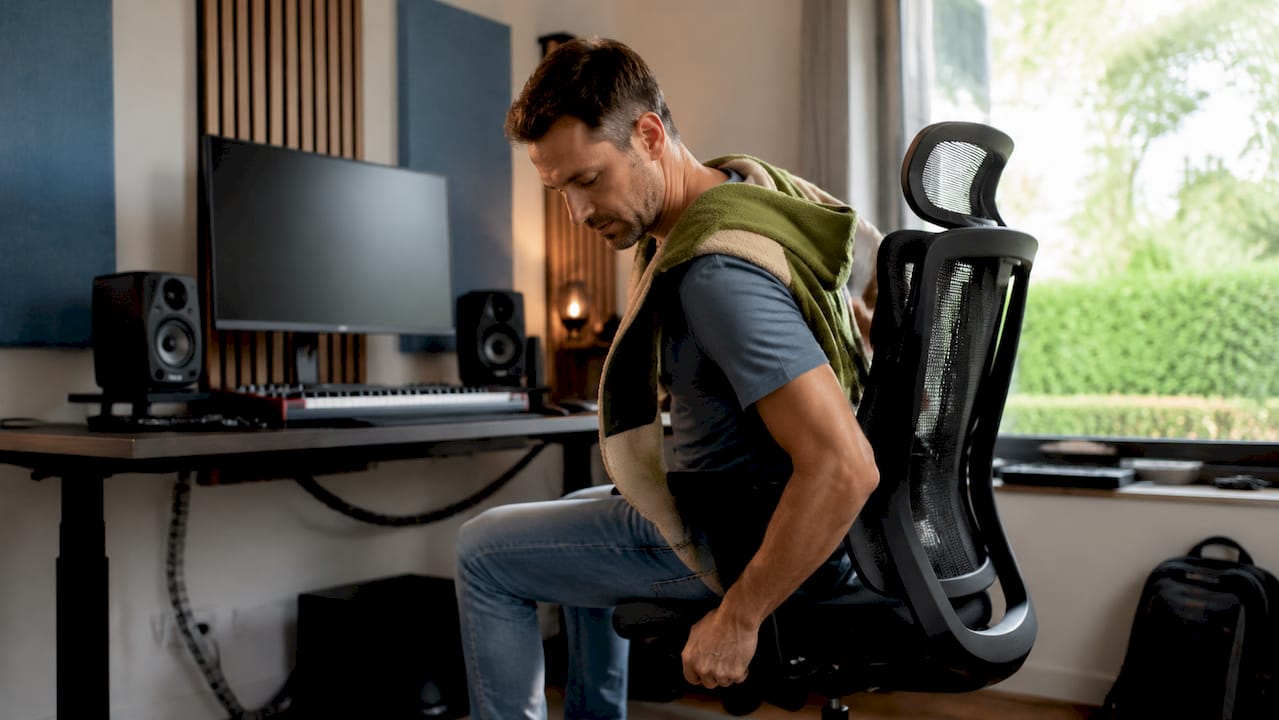 Definitie studio inrichting: gids voor producers 2 Man stelt zijn bureaustoel af in zijn thuisstudio