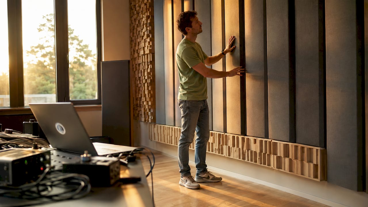 Acoustic Trends for 2026: What Every Studio Needs to Know 1 A technician is inspecting advanced acoustic panels in the studio.