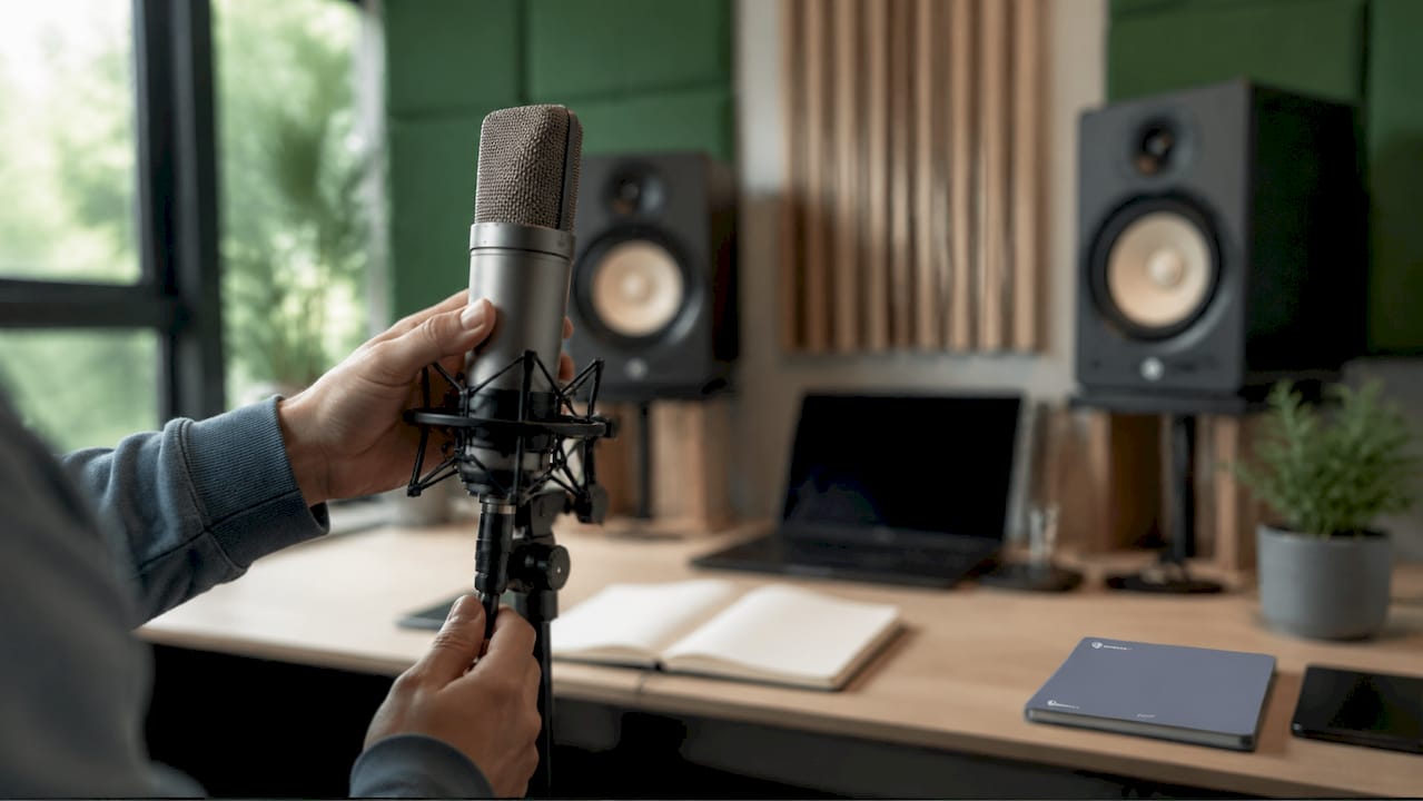 Gros plan sur un microphone et une interface audio dans un studio d'enregistrement