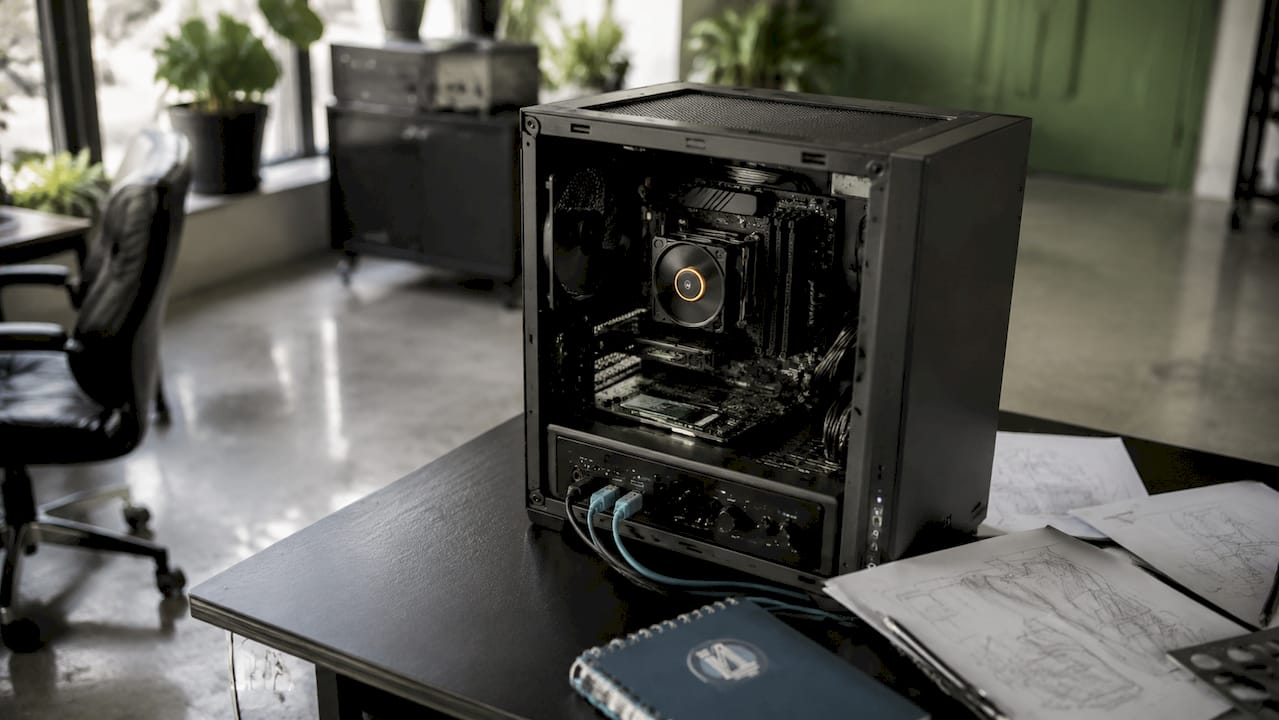 Close-up of computer components in a studio setting