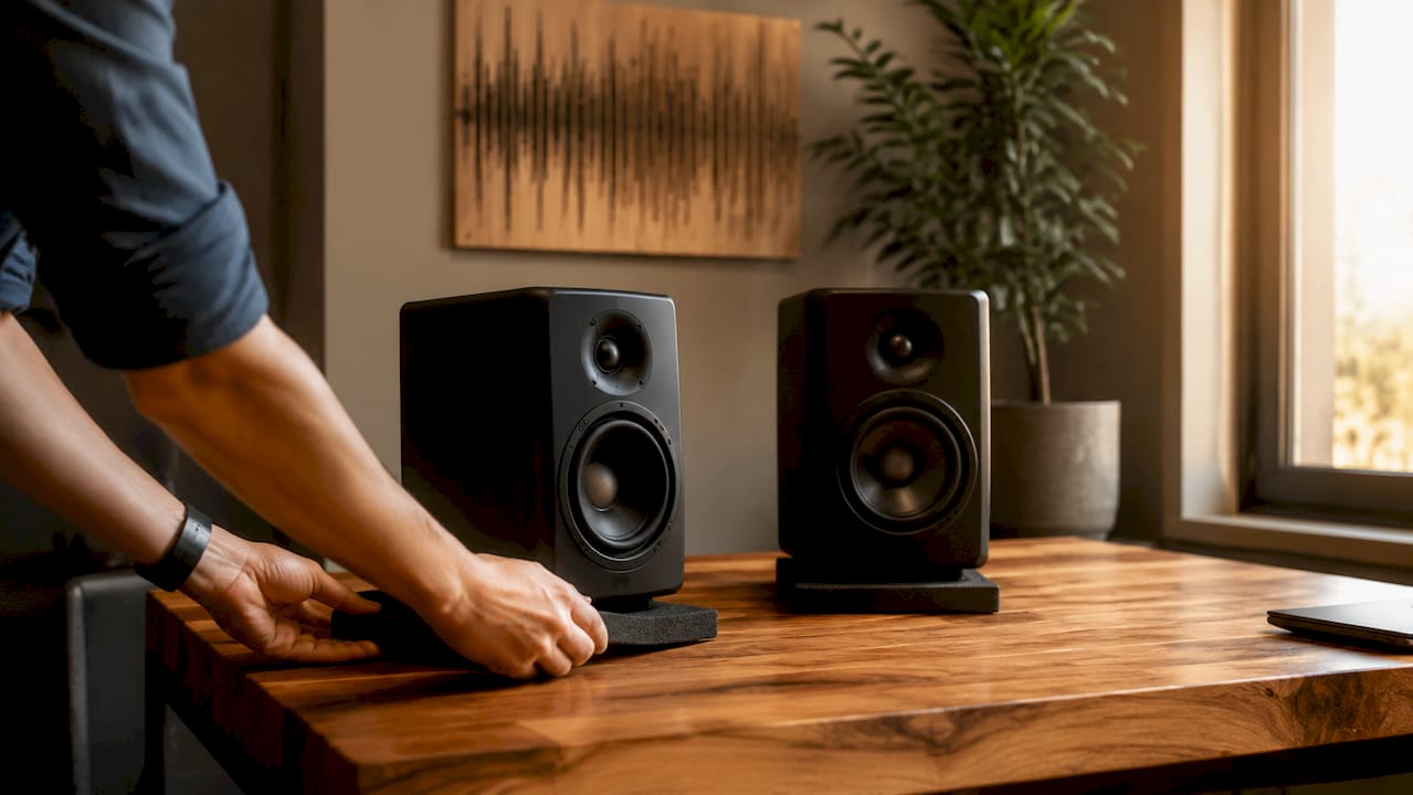 Workflow Studio Monitor Setup: The Complete Guide 2 Someone placing isolation pads under their studio monitors