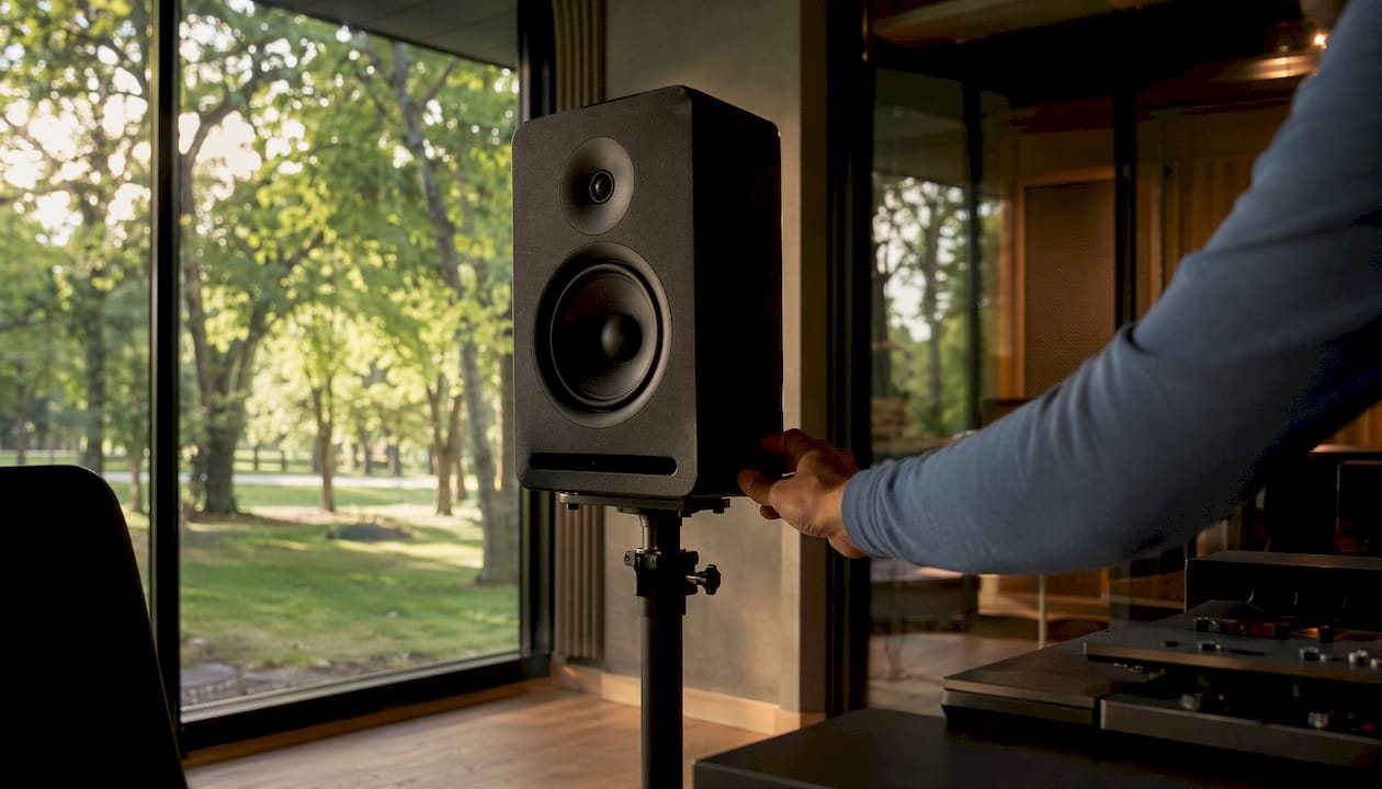 How to Set Up Studio Monitors: A Complete Installation Guide 1 Close-up of a monitor tweeter at ear level, with a hand next to it