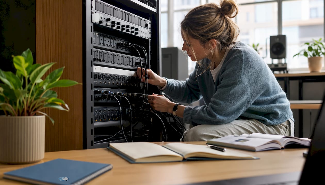 Why Racks Are Essential for Your Studio Setup 1 A producer neatly sets up his rack full of equipment at home