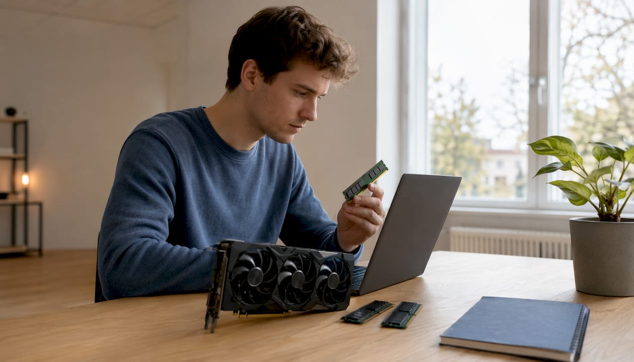 Die Rolle der CPU bei der Videobearbeitung: Was Sie wissen müssen 2 Ein Mann begutachtet den Arbeitsspeicher und die Grafikkarte an seinem Schreibtisch.