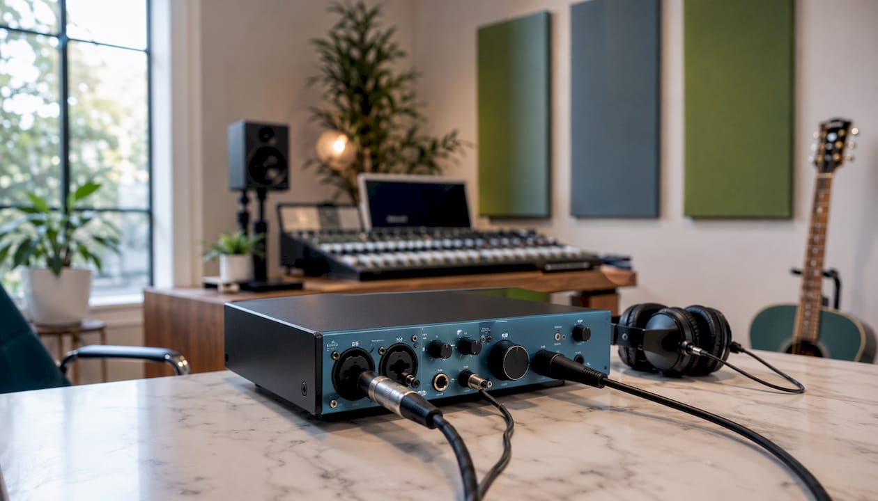 Close-up of an audio interface with connected cables and various inputs.