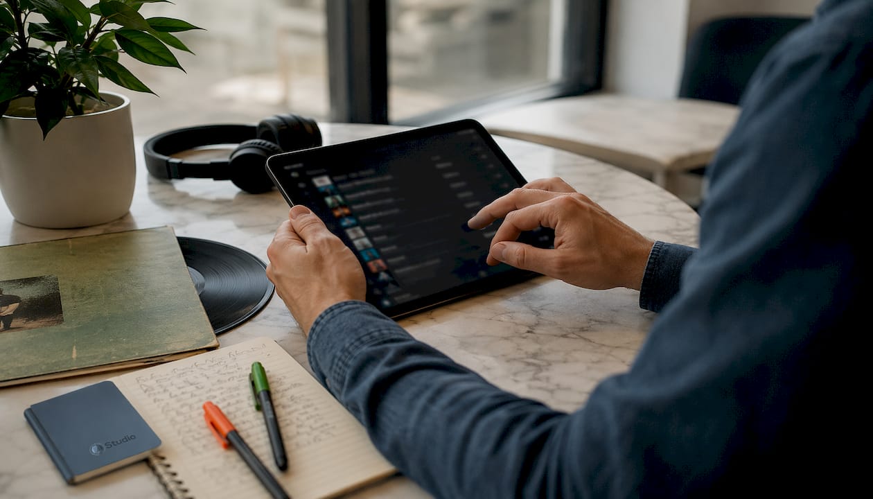 Producer scrollt op zijn telefoon door verschillende afspeellijsten in streaming apps.
