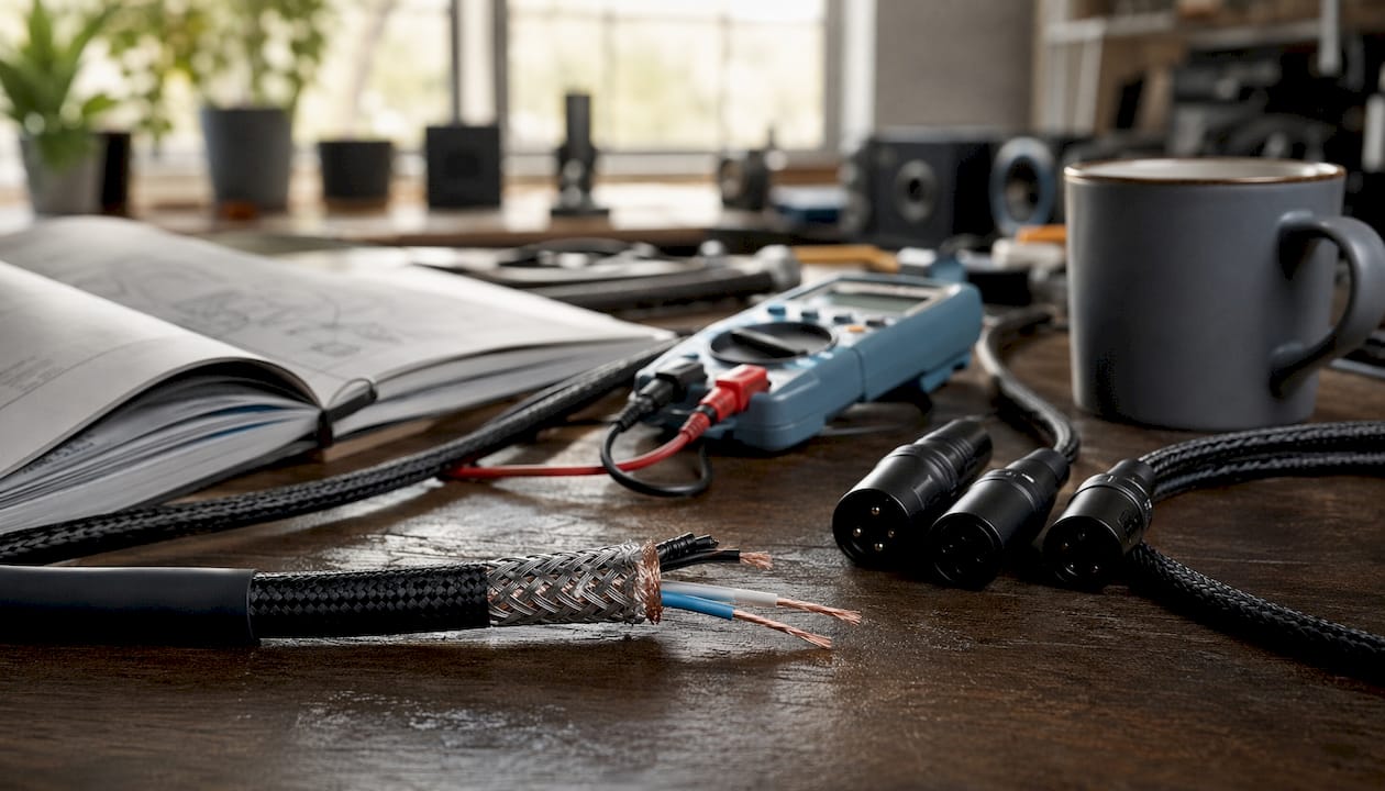 Twisted audio cables with plugs are lying on the desk