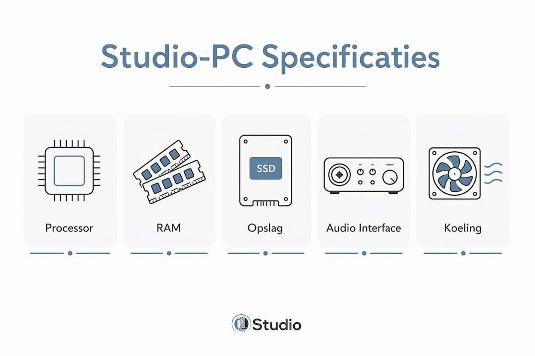 Overzichtelijke infographic met de belangrijkste specificaties van onze studio-pc