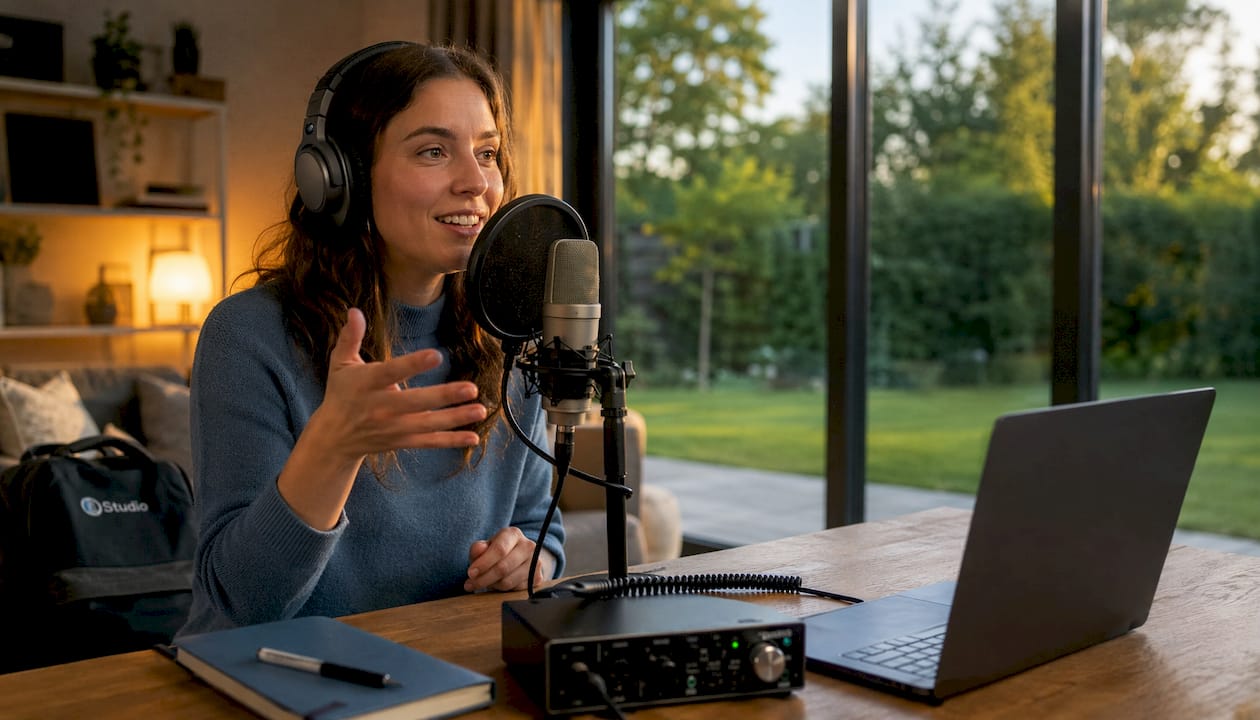 De rol van een audio-interface in jouw studio 3 Podcaster luistert live mee naar zijn opname in een thuisstudio