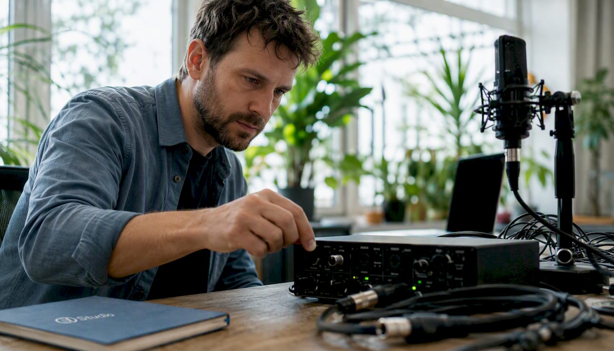 De rol van een audio-interface in jouw studio 2 Iemand draait aan de gain-knop van een audio-interface om het volume goed in te stellen.