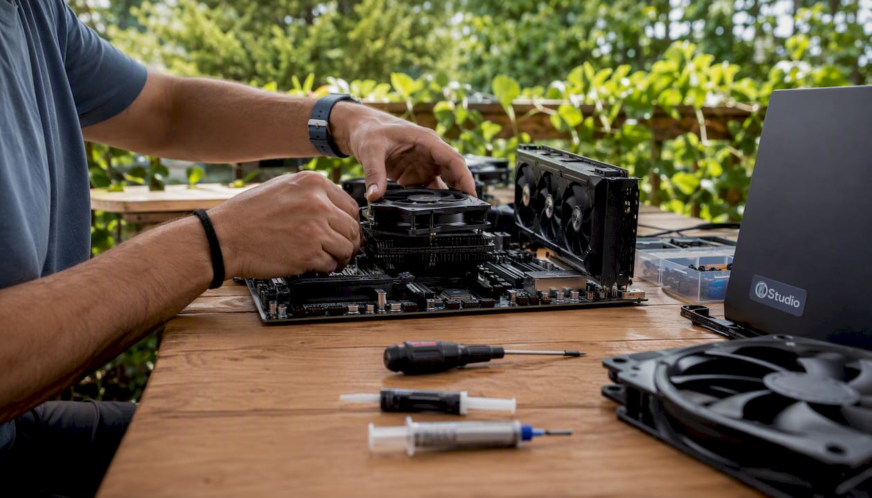 Hands busy assembling the components of a custom-built studio PC.