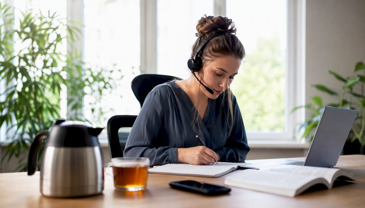 A customer service representative assists customers over the phone while wearing a headset.