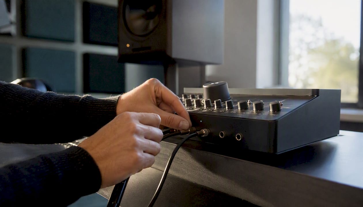 A pair of hands is connecting a pair of headphones to a monitor controller.