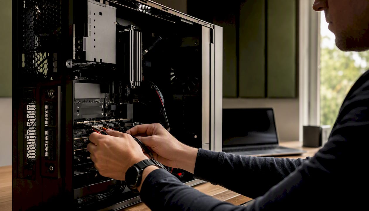 Iemand voert een burn-in test uit op een studio-PC
