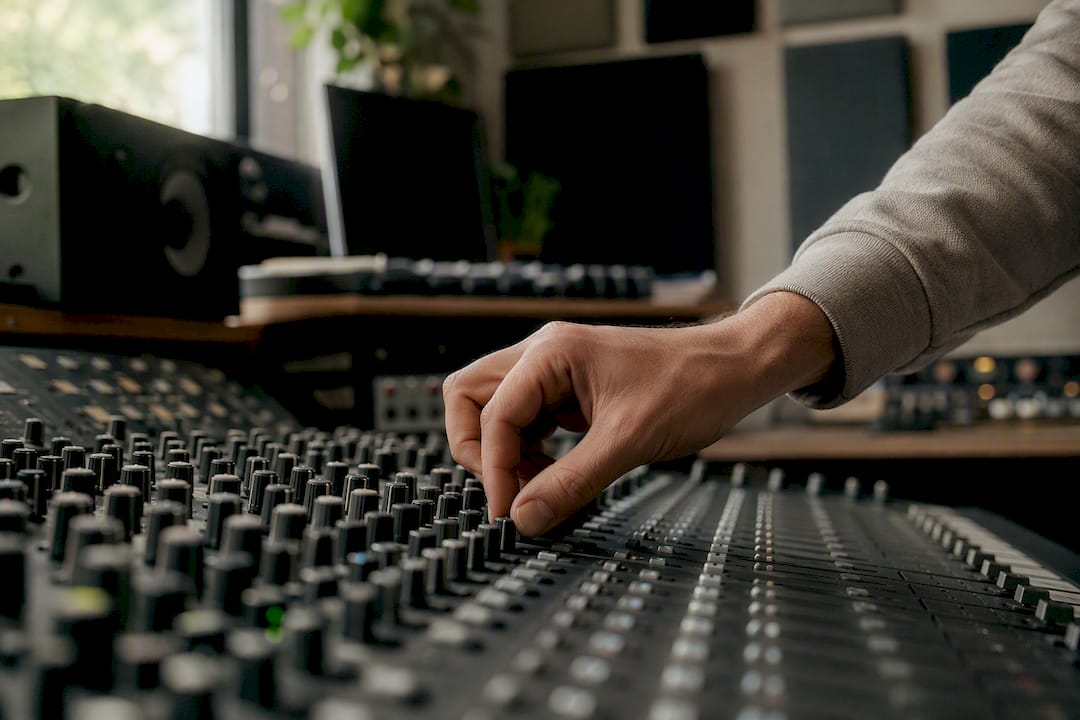Muziek producer worden: leerpad, vaardigheden en gear 2 Handen die aan de knoppen van een mengpaneel draaien om het geluid af te stemmen.