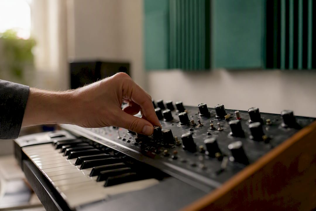 Hardware synth opnemen: de complete workflow voor jouw studio 1 Hand die een drone-noot speelt op het toetsenbord van een synthesizer