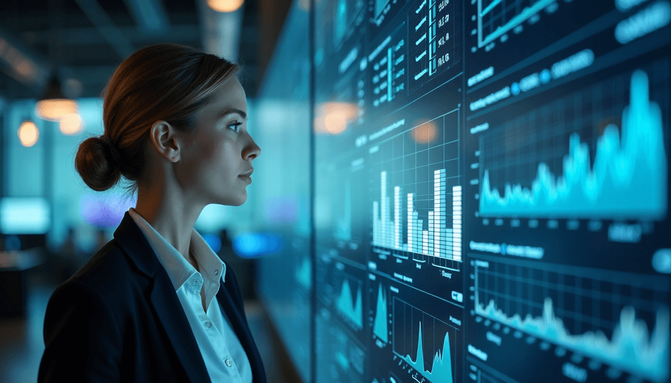 IT professional analyzing data quality display in data center