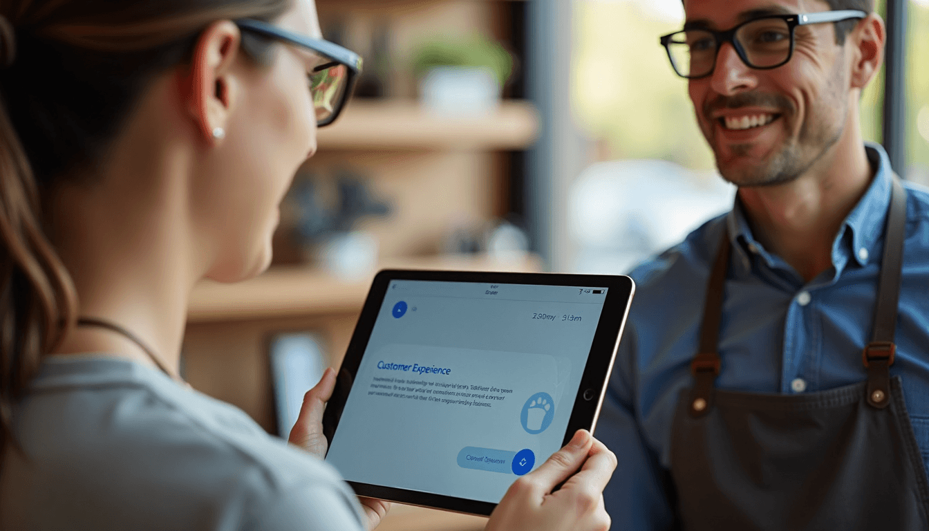 Retail worker and customer discussing tablet with 'Customer Experience' banner