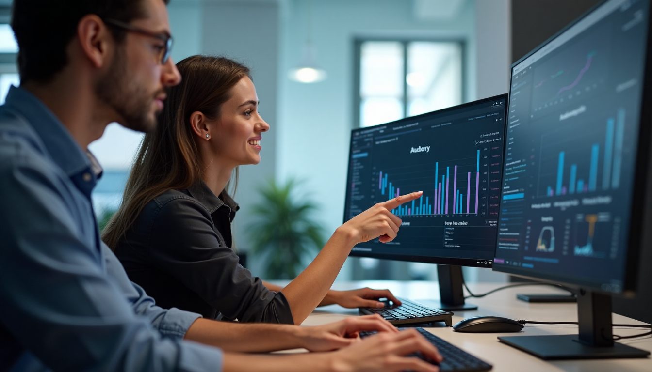 Analysts examine data charts labeled Analysis Plan in office