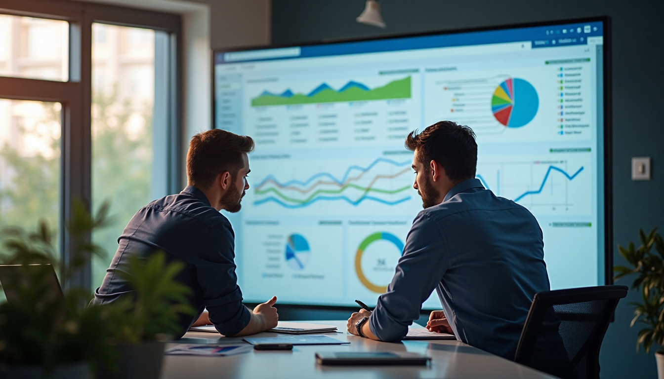 Employees review process analytics on office monitor