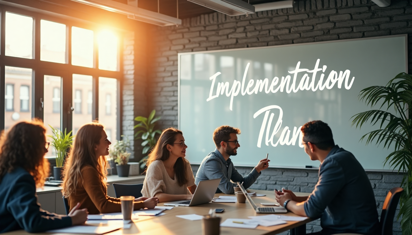 Team collaborates on AI implementation plan in office