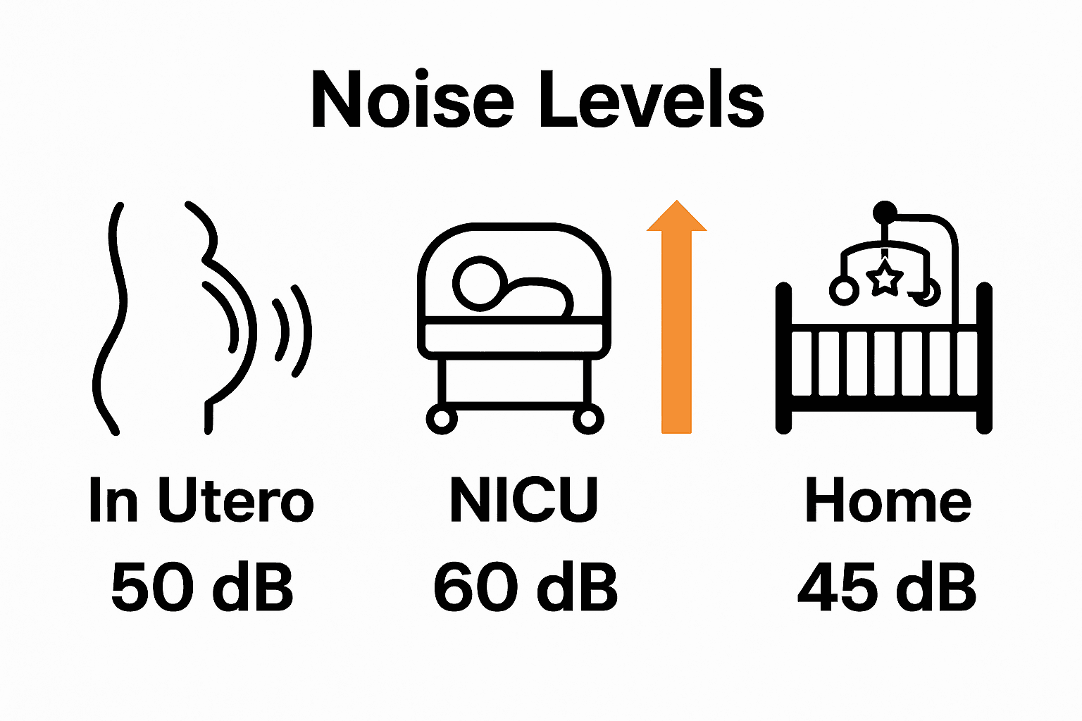 Infographic comparing newborn noise levels in womb, NICU, and home