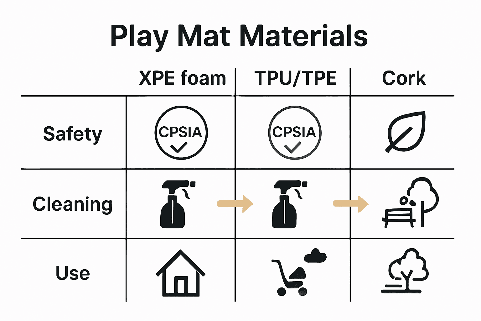 Comparison infographic showing safe play mat materials, certifications, and cleaning advice.