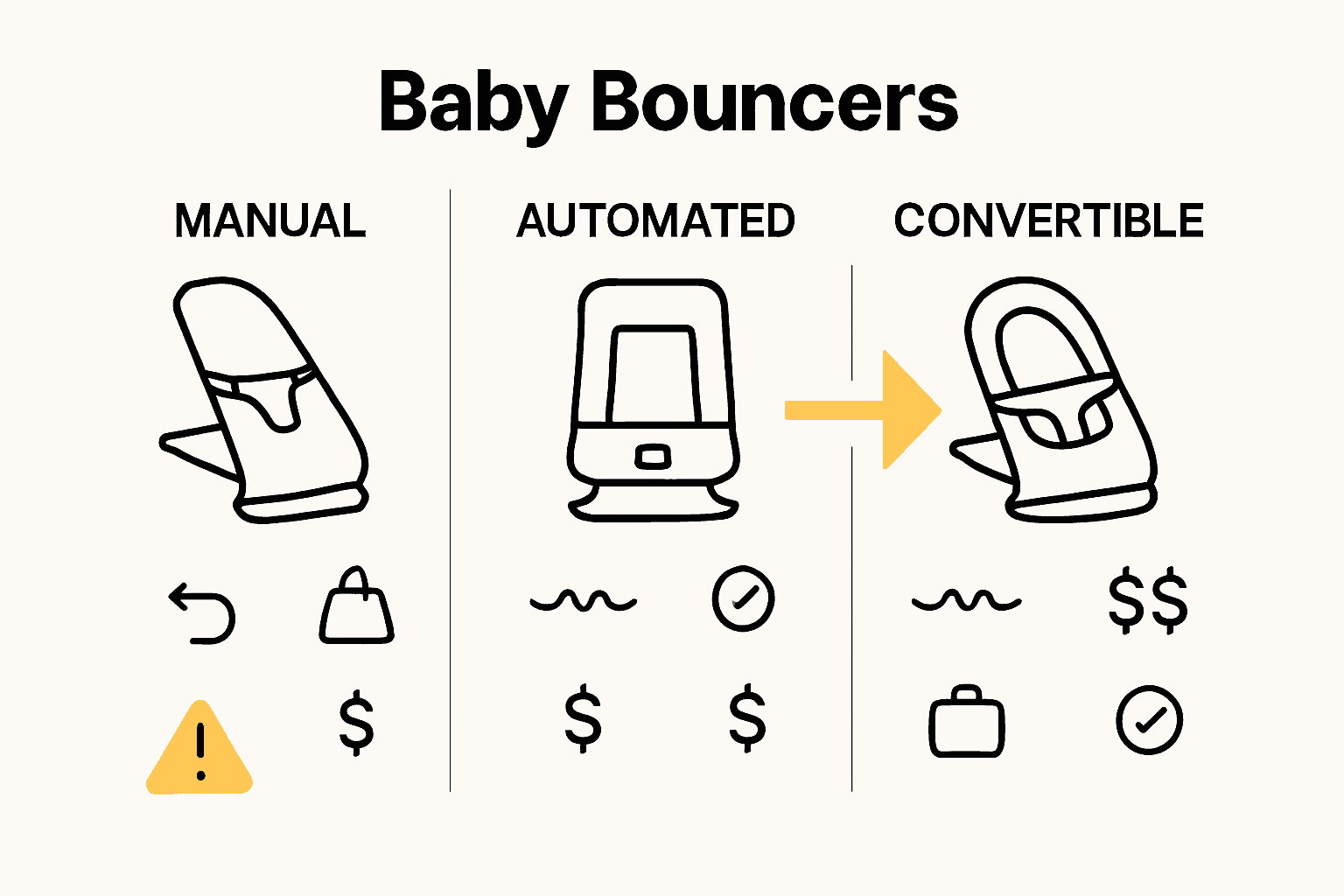 Infographic comparing three types of baby bouncers and their core safety features.