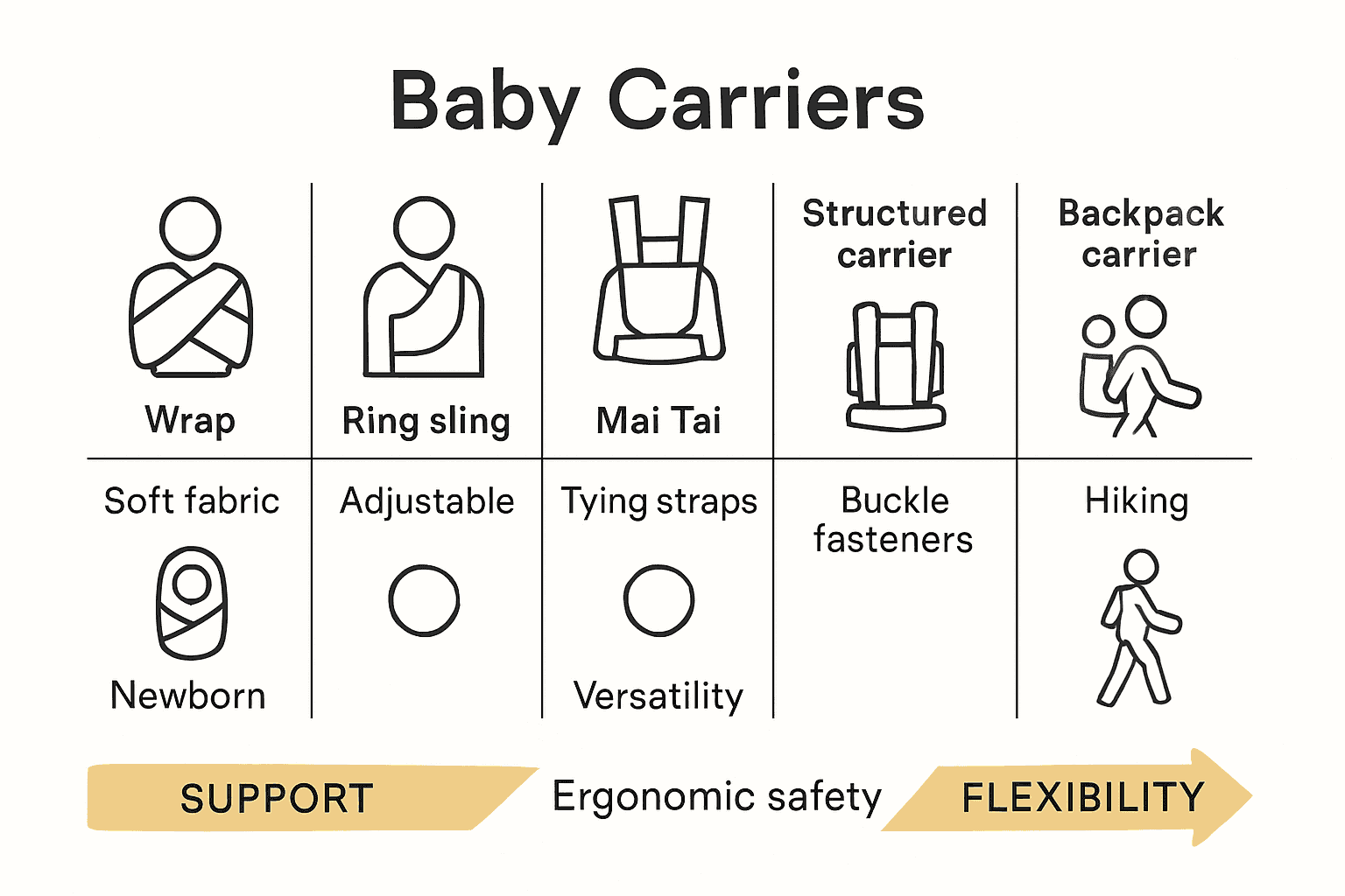 Infographic comparing main baby carrier types and uses