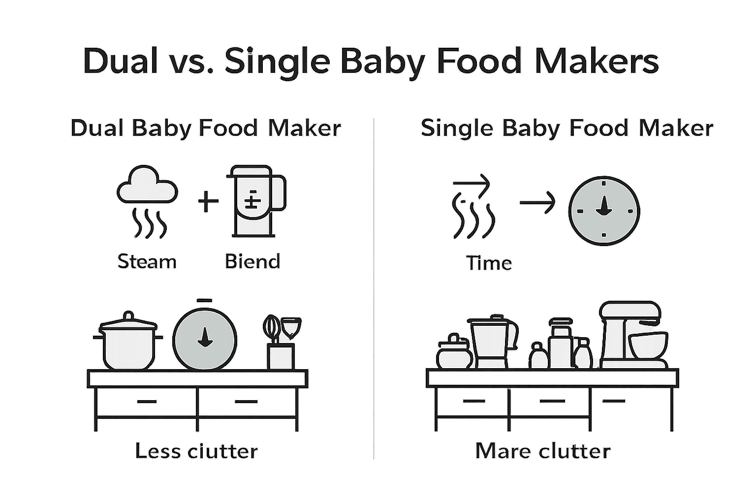 Infographic comparing dual and single baby food makers by function, time, and clutter.