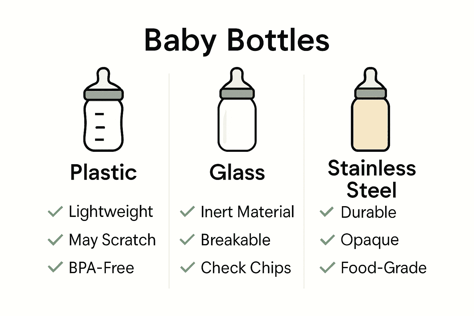 Infographic comparing plastic, glass, and stainless steel baby bottles by pros, cons, and safety tips.