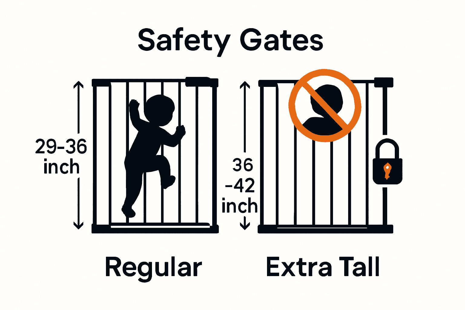 Infographic comparing height and features of regular vs extra tall safety gates.