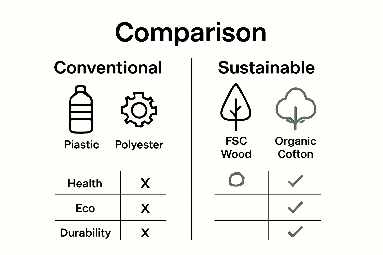 Infographic comparing sustainable and conventional baby bouncer materials with icons and checklist.
