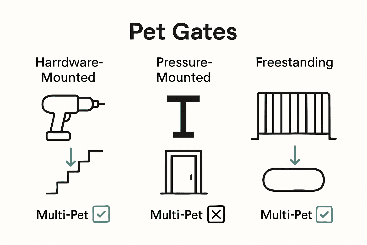 Infographic comparing hardware-mounted, pressure-mounted, and freestanding pet gates for multi-pet safety.
