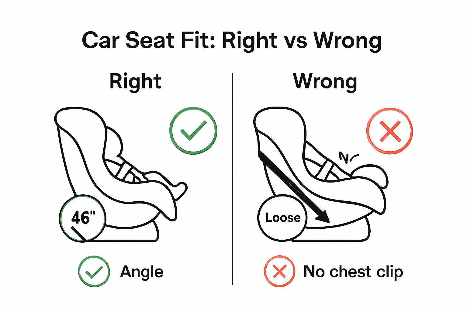 Infographic comparing correct and incorrect car seat installation steps.