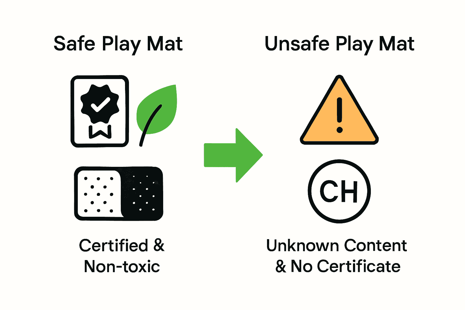 Infographic comparing features of safe and unsafe play mats using icons.