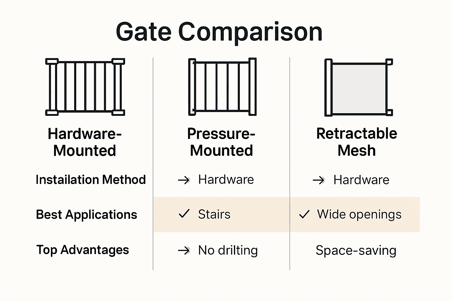 Infographic compares hardware-mounted, pressure-mounted, and retractable mesh gates by features and best use cases.